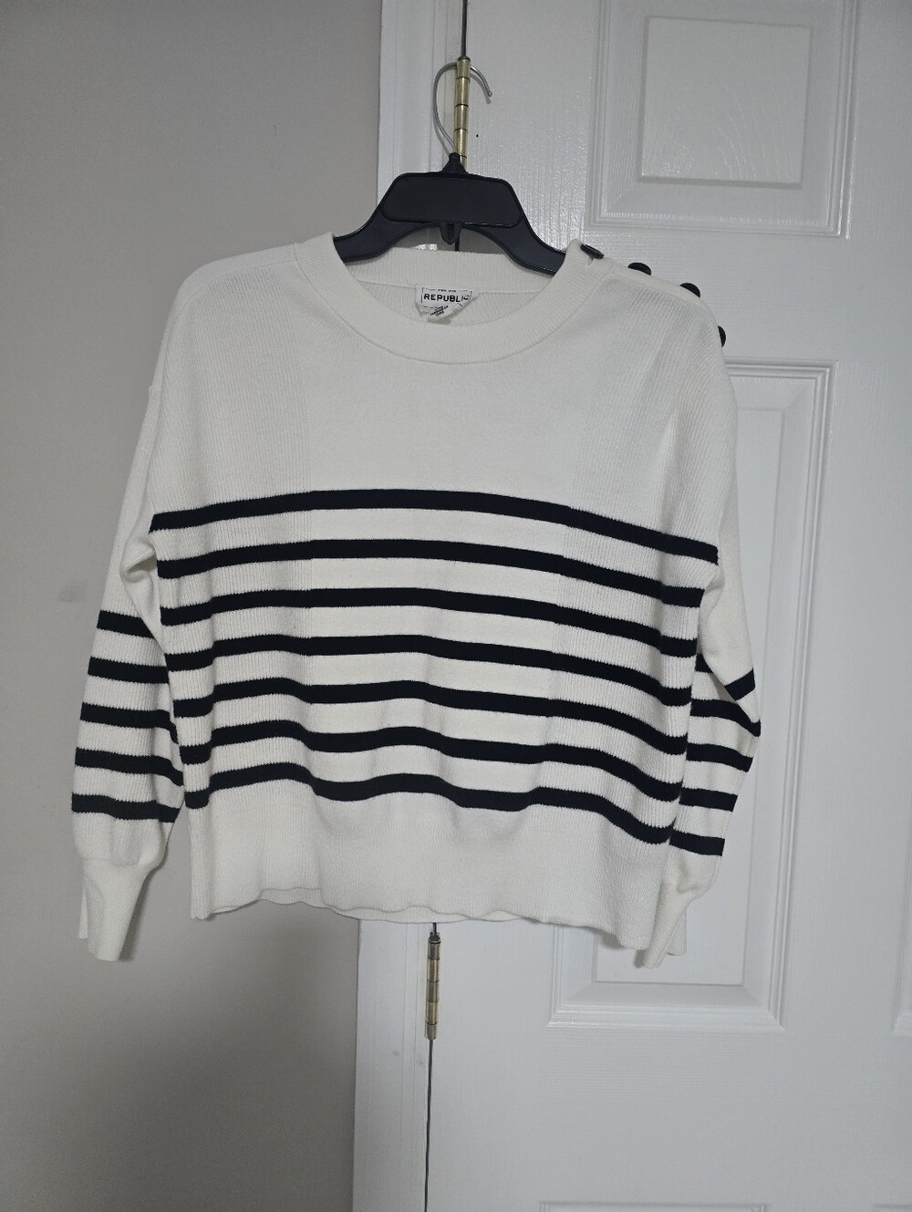 For The Republic Cream and Navy Striped Crewneck Sweater with Shoulder Buttons - Picture 3 of 11